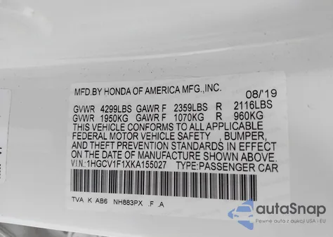 2019 Honda Accord Lx из США, поврежденный, VIN 1HGCV1F1XKA155027